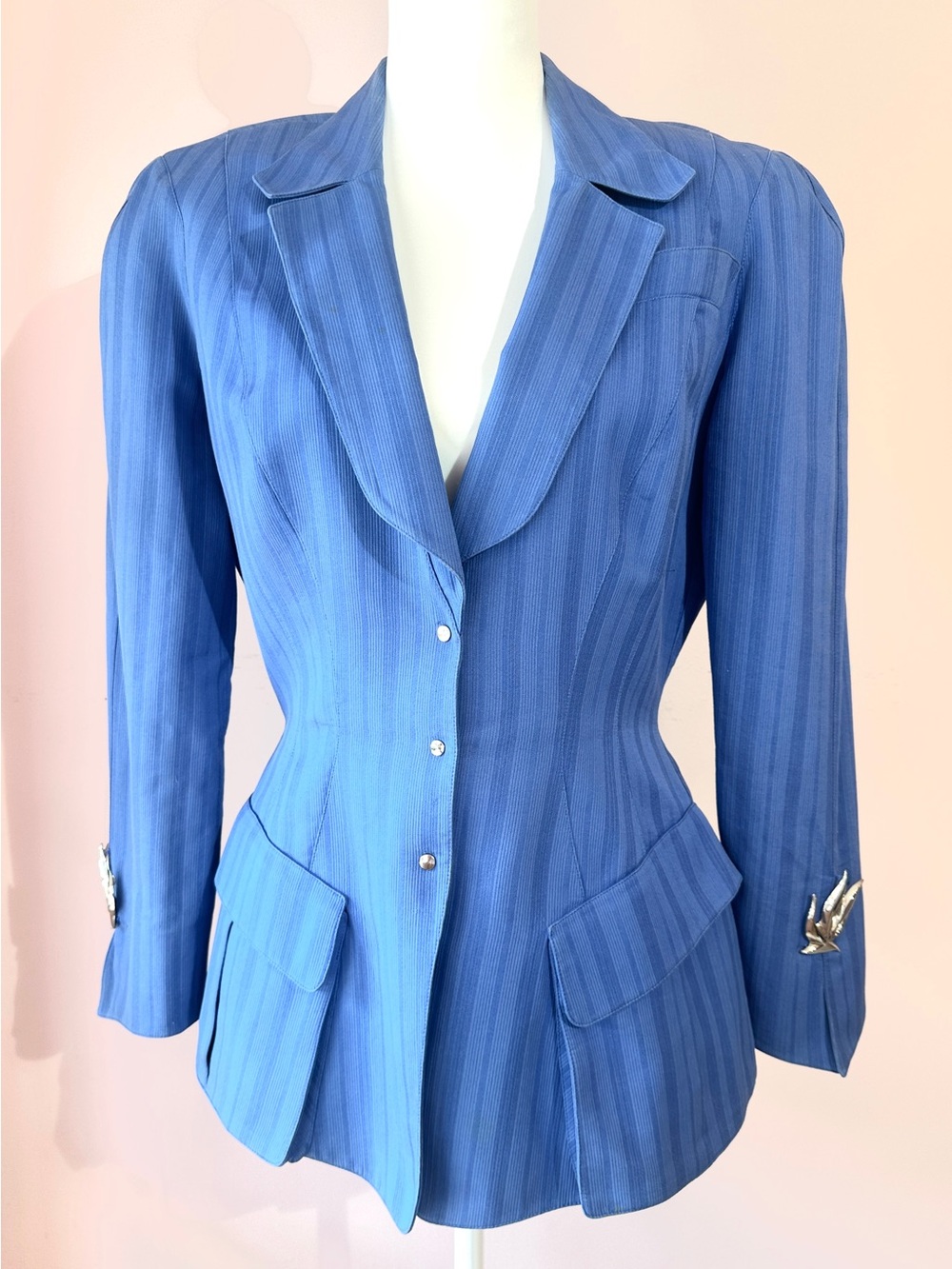 Vintage Thierry Mugler Paris Sculpted Blue Blazer with Silver Bird Cuffs – FR 42